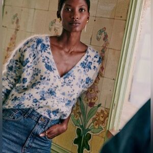 Sézane Lisette Blue and White Floral V-Neck Mohair Sweater Cardigan